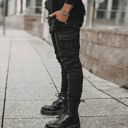 Slim Fit Men's Denim Cargo Pants - Multi Pocket Casual Trousers - Buy Center US
