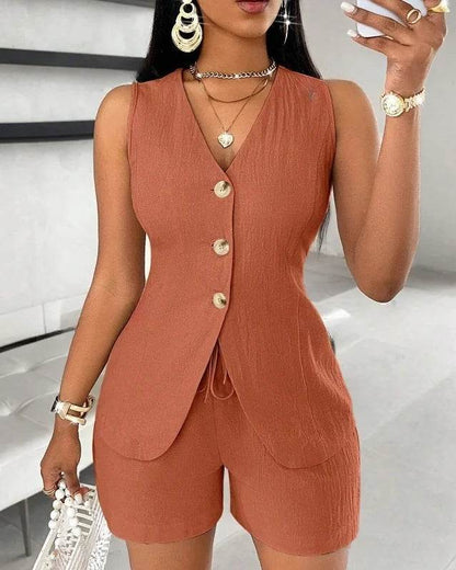 Women's Elegant Commuter Shorts Set - V-Neck Sleeveless Top & Shorts - Buy Center US