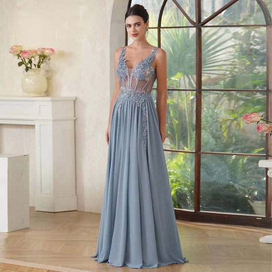 Women's Dusty Blue Floral Lace Maxi Dress - Spaghetti Straps, Boho Style - Buy Center US