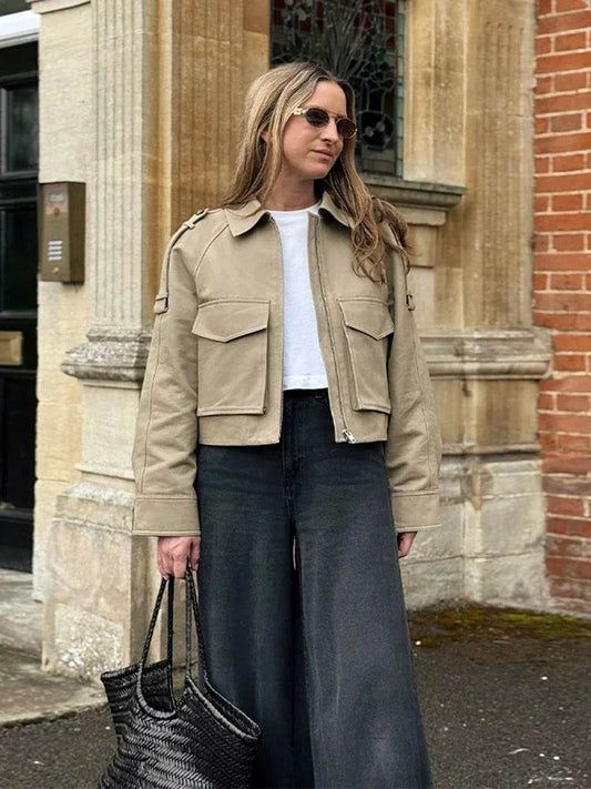 Hfwomenfz Vintage Women's Khaki Short Jacket - Zipper, Pockets, Full Sleeve - Buy Center US
