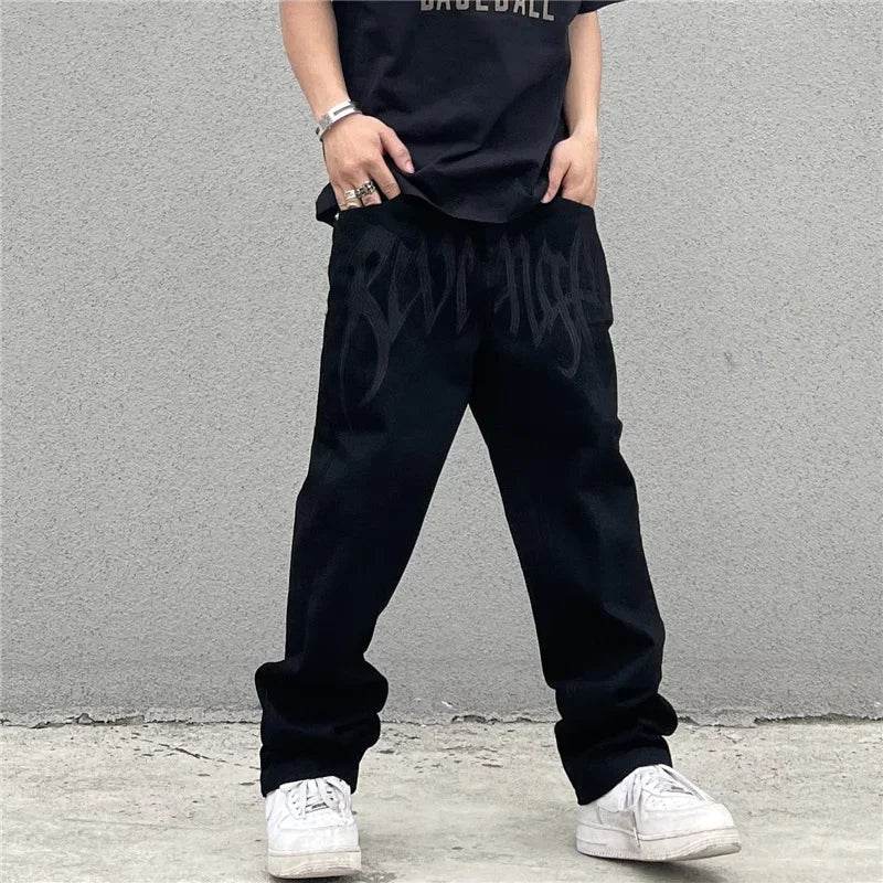Black Baggy Straight Jeans for Men - Vintage Hip-Hop Style Denim - Buy Center US