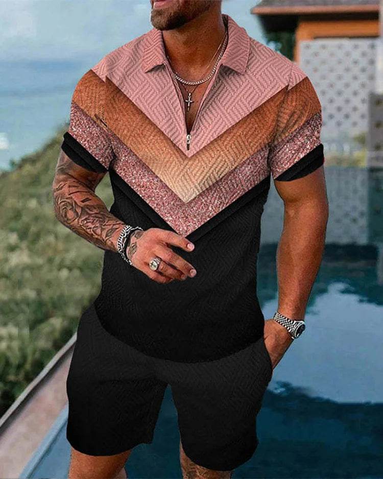 Men's Summer Colorful Tracksuit Set - Casual Zipper Polo Shirt & Shorts - Buy Center US