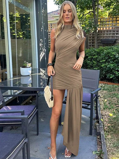 Elegant Irregular Blue Pleated Long Dress - Turtleneck A-Line Style - Buy Center US