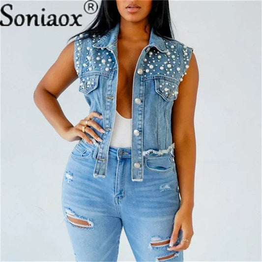 Soniaox Women's Denim Jacket Vest - Beaded Casual Short Coat - Buy Center US