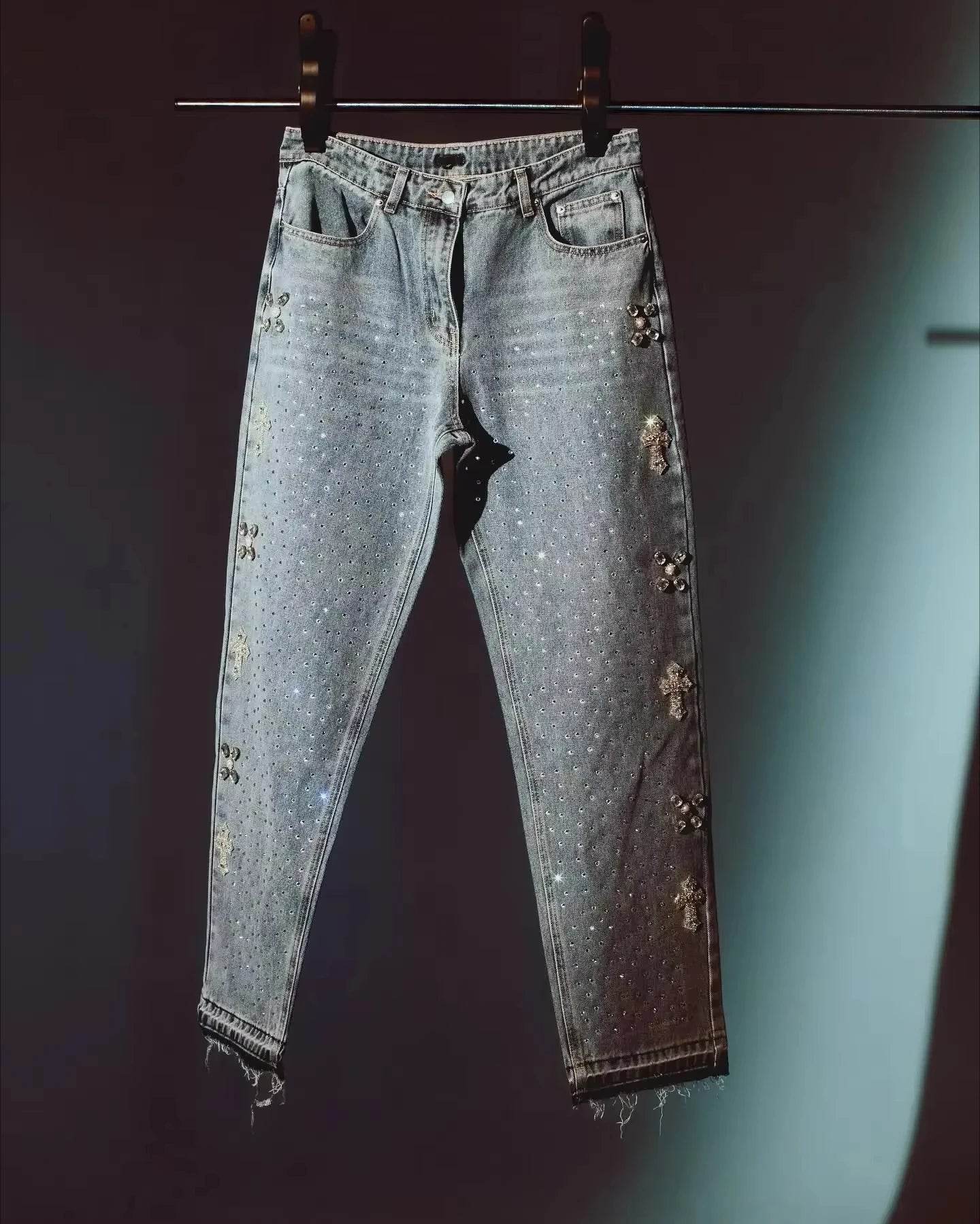 BiggOrange Y2K Rhinestone Jeans - Vintage Hip Hop Wide Leg Trousers - Buy Center US
