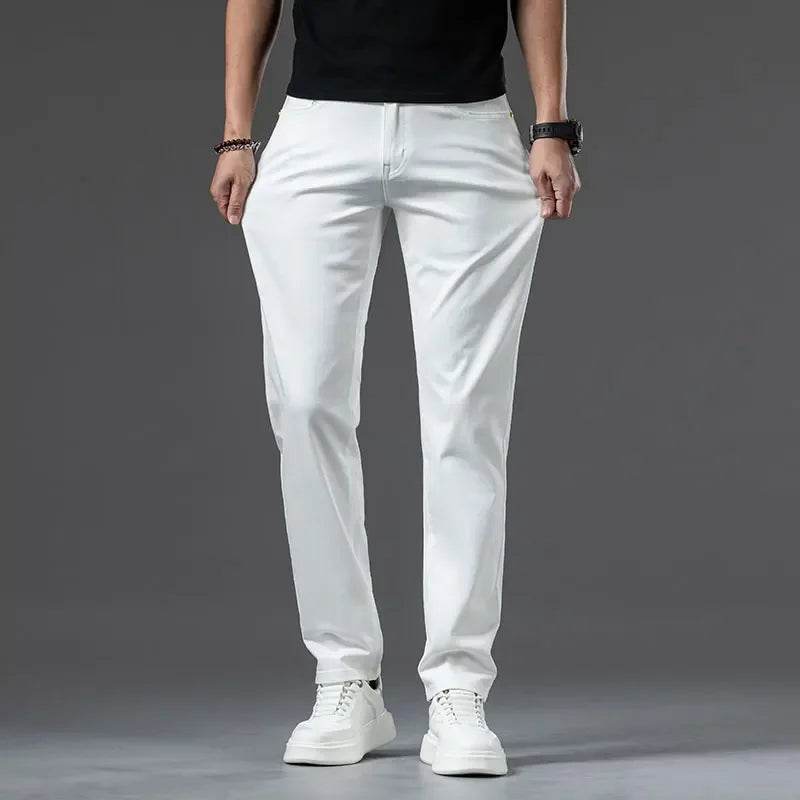 2024 Men's Creamy-White Straight Denim Jeans - Lightweight Casual Pants - Buy Center US