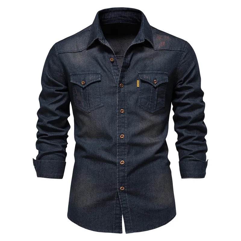 High-Quality Cotton Denim Shirt - Men's Slim Fit Casual Long Sleeve - Buy Center US