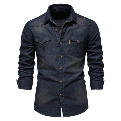 High-Quality Cotton Denim Shirt - Men's Slim Fit Casual Long Sleeve - Buy Center US