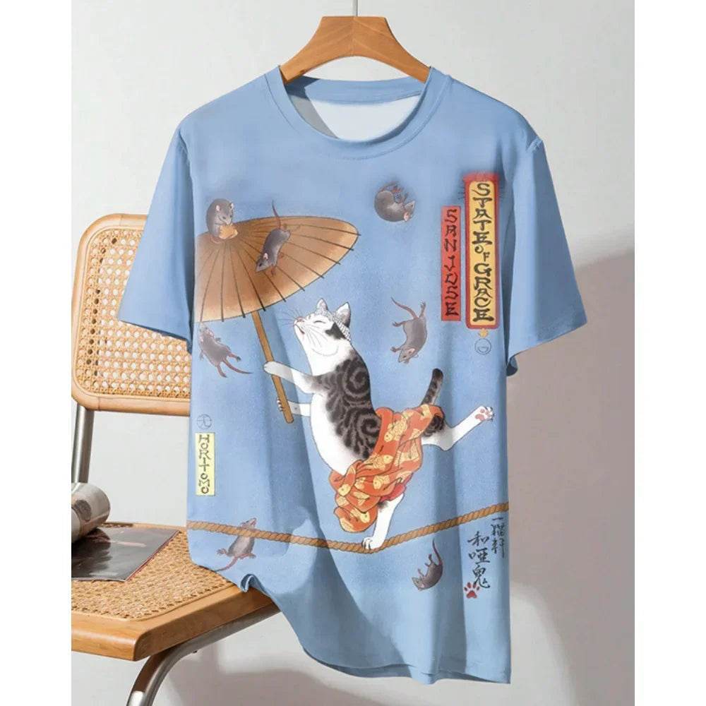 Ukiyo-e Sea Wave Cat T-Shirt - 3D Print Japanese Samurai Graphic Tee - Buy Center US
