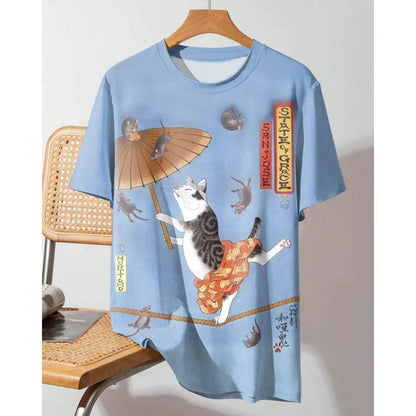 Ukiyo-e Sea Wave Cat T-Shirt - 3D Print Japanese Samurai Graphic Tee - Buy Center US