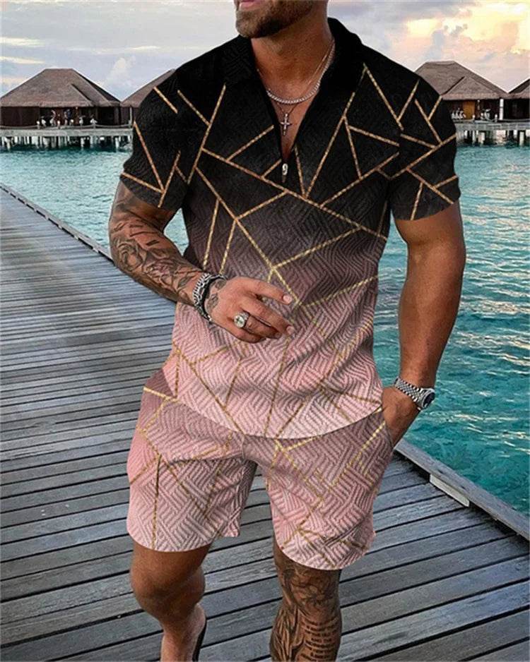 Men's Summer Colorful Tracksuit Set - Casual Zipper Polo Shirt & Shorts - Buy Center US