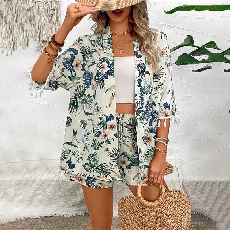 Y.KUKU Women's Floral Cardigan & Beach Shorts Summer Two-Piece Set - Buy Center US