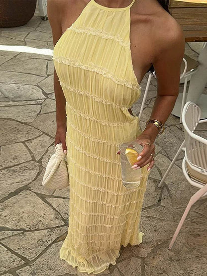 Elegant Pleated Halter Dress - Slim Backless Maxi for Women - Buy Center US