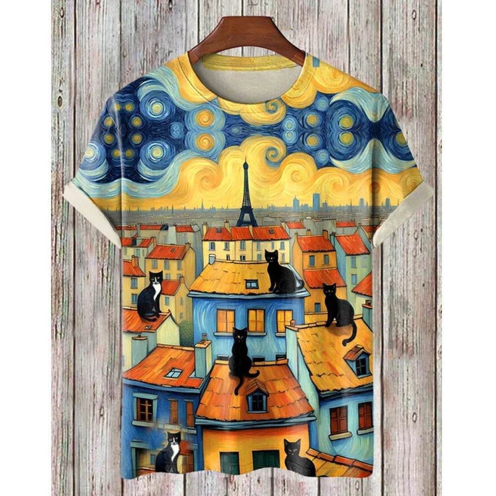 Ukiyo-e Sea Wave Cat T-Shirt - 3D Print Japanese Samurai Graphic Tee - Buy Center US