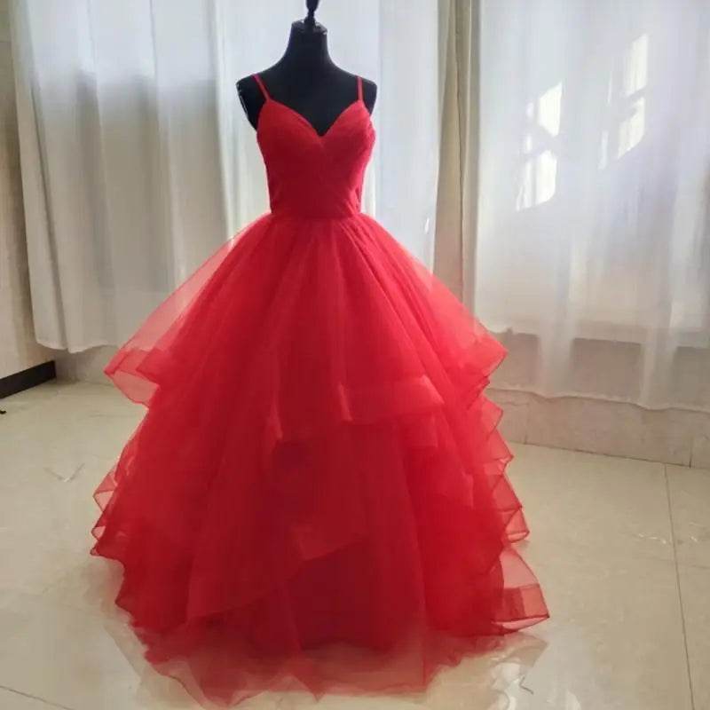 Dark Red Spaghetti Strap V-Neck Quinceanera Dress - Boho Ball Gown - Buy Center US