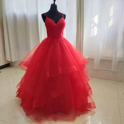 Dark Red Spaghetti Strap V-Neck Quinceanera Dress - Boho Ball Gown - Buy Center US