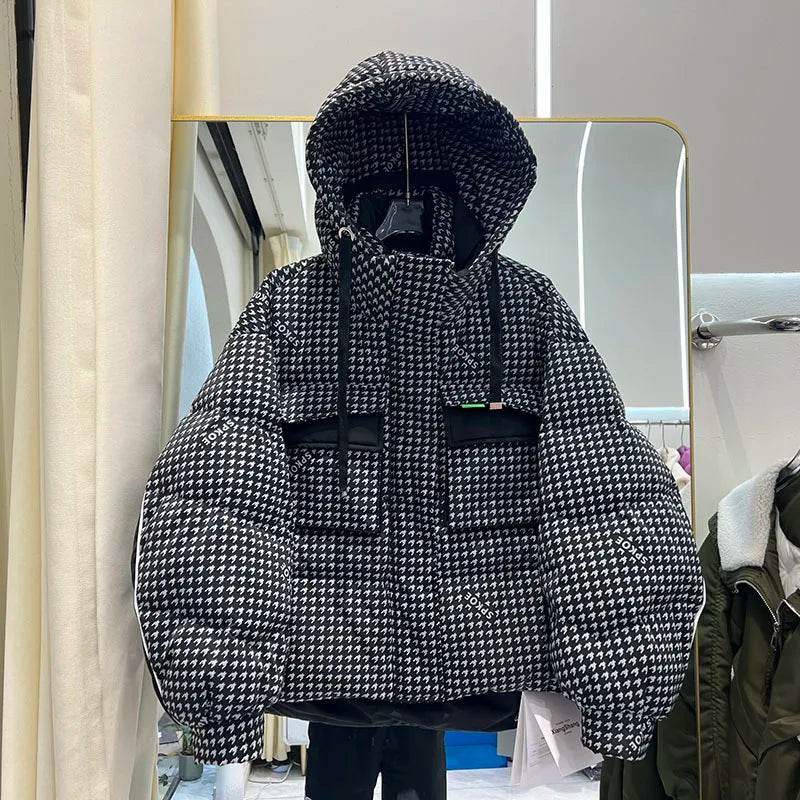Women's Houndstooth Puffer Jacket - 90% Duck Down, Hooded Warmth - Buy Center US