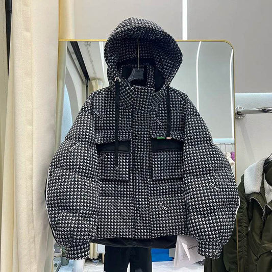 Women's Houndstooth Puffer Jacket - 90% Duck Down, Hooded Warmth - Buy Center US