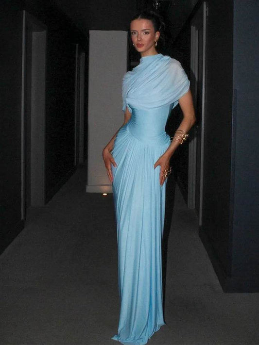 Elegant Irregular Blue Pleated Long Dress - Turtleneck A-Line Style - Buy Center US