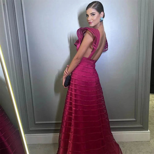 Fuchsia A-Line Formal Dress - Deep V-Neck Sleeveless Gown for Women - Buy Center US