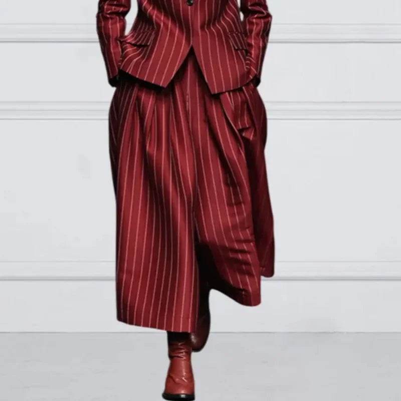 Beautyblue Women's Vintage Blazer Set - Striped Loose Wide Leg Trousers - Buy Center US