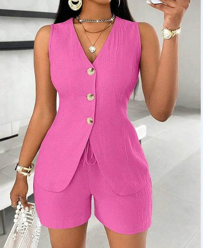 Women's Elegant Commuter Shorts Set - V-Neck Sleeveless Top & Shorts - Buy Center US