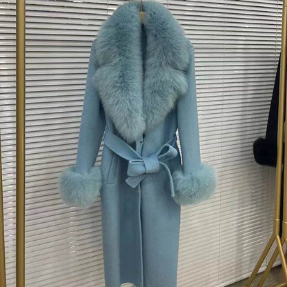 HSPLC Women's Long Wool Blended Coat with Fox Fur Collar - Winter Fashion - Buy Center US