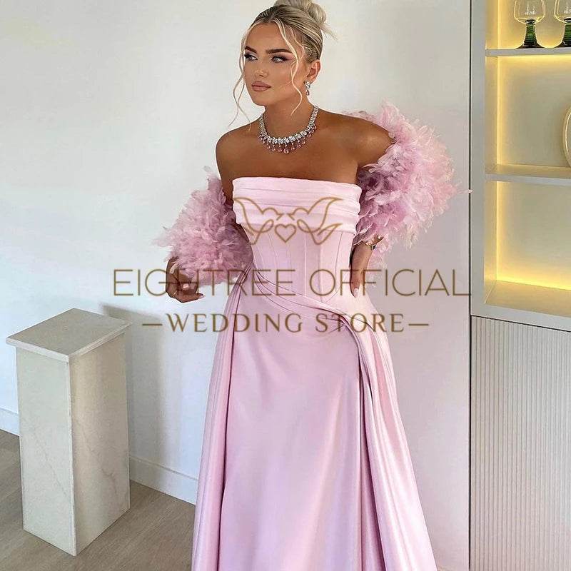 Eightree Pink Strapless Mermaid Prom Dress - Floral Satin Gown - Buy Center US