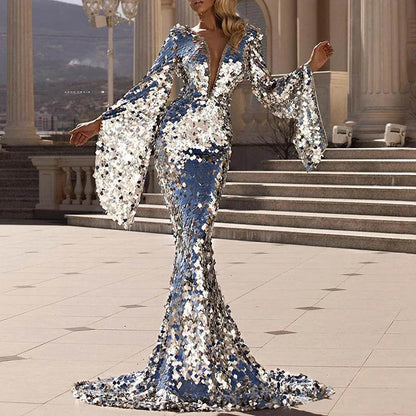 Elegant Silver Sequin Evening Dress - Flare Sleeves, Deep V Neck - Buy Center US