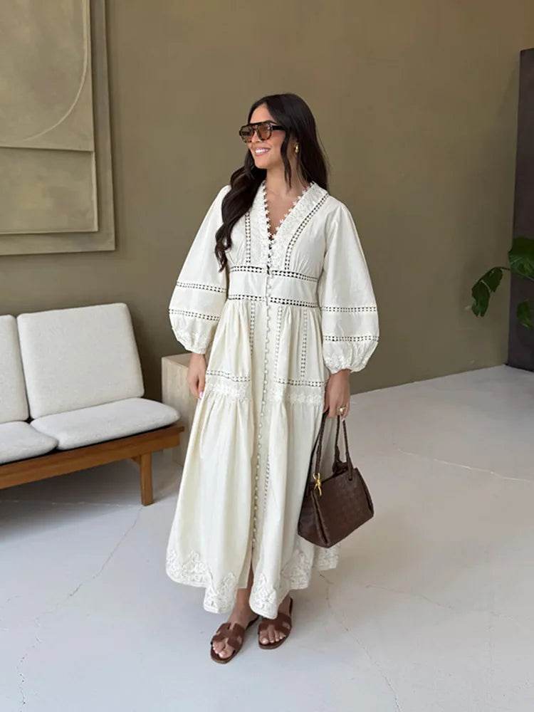 Women’s V-Neck Maxi Dress - Lace Patchwork for Spring/Summer - Buy Center US