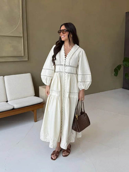 Women’s V-Neck Maxi Dress - Lace Patchwork for Spring/Summer - Buy Center US