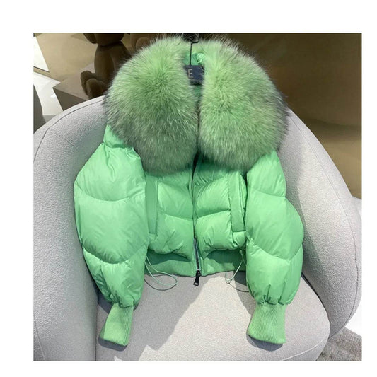 Women's Winter Down Jacket - Cropped Style with Fox Fur Collar - Buy Center US