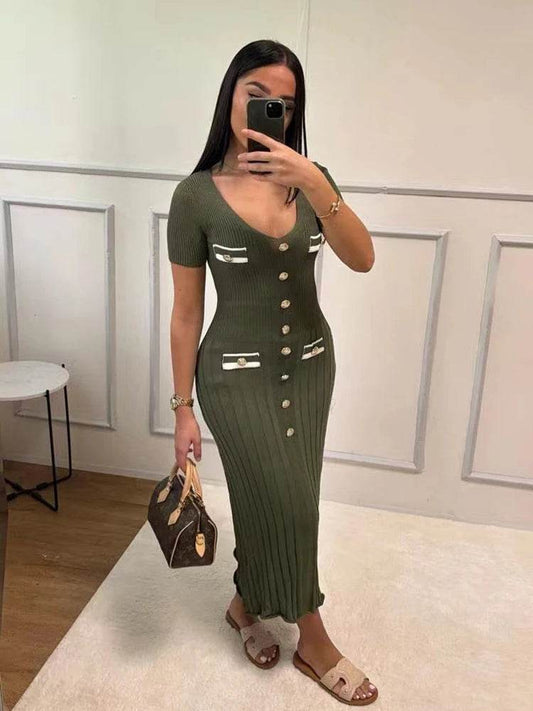 Elegant Office Lady Knitted Dress - Short Sleeve V-Neck Style - Buy Center US