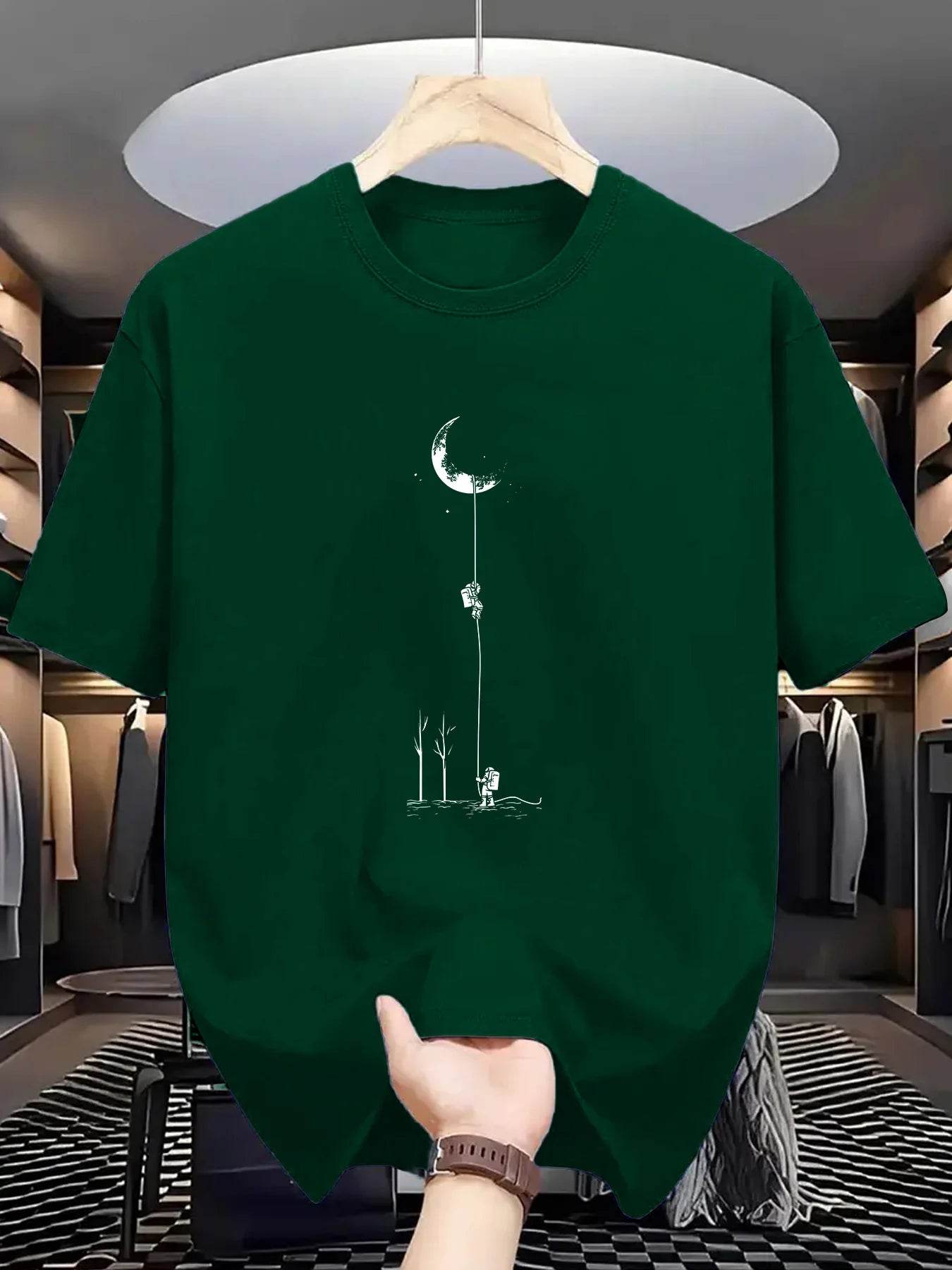 GUILAN Men's 100% Cotton Casual T-Shirt - Plus Size Moon Landing Print - Buy Center US
