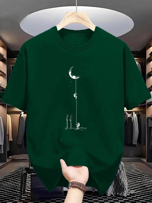 GUILAN Men's 100% Cotton Casual T-Shirt - Plus Size Moon Landing Print - Buy Center US