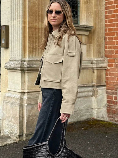 Hfwomenfz Vintage Women's Khaki Short Jacket - Zipper, Pockets, Full Sleeve - Buy Center US