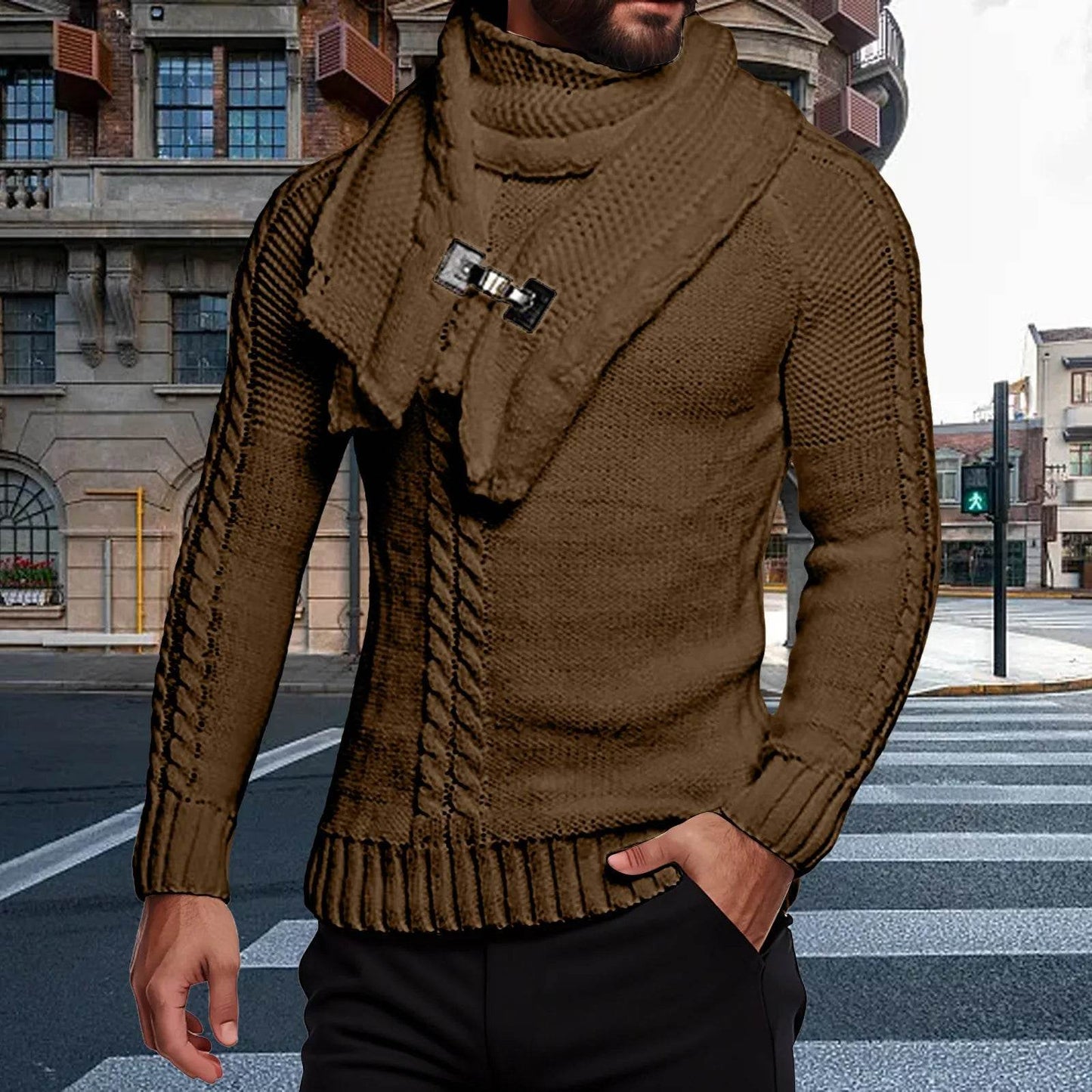 Men's Autumn Winter O-Neck Thermal Sweater & Scarf Set - Casual Layers - Buy Center US