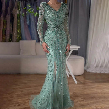 SERENE HILL Mermaid Evening Dress - Custom Beaded Floor-Length Gown - Buy Center US