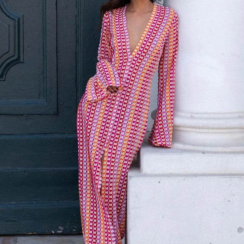 MsChuh Women’s Stripe Flare Sleeve Maxi Dress - V-Neck, Casual Style - Buy Center US