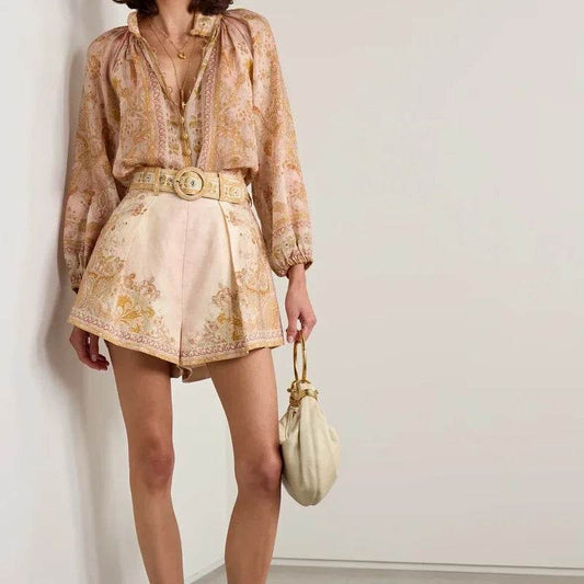Vintage Floral Print Women’s Beach Set - Blouse & High Waist Shorts - Buy Center US