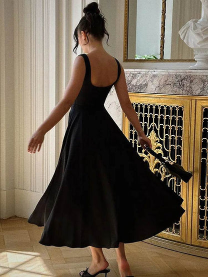Beainmmry Black A-line Maxi Dress - Elegant Square Neck, Sleeveless - Buy Center US