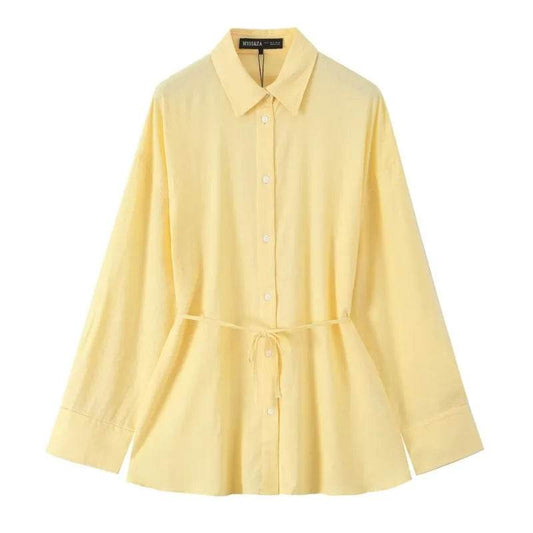 Women's Oversize Shirt with Belt - Casual Linen Blend, Long Sleeve - Buy Center US