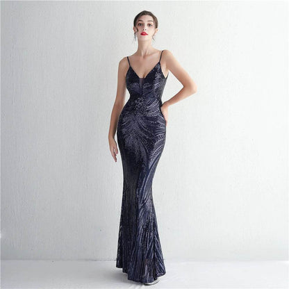 HBLL Sexy V Neck Maxi Dress - Purple Sequin Formal Gown for Parties - Buy Center US