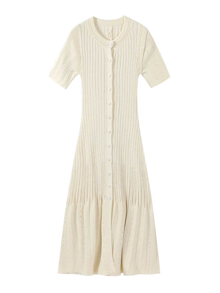 Chic Women’s V-Neck Long Dress - Slim Fit, Patchwork Puff Sleeve - Buy Center US