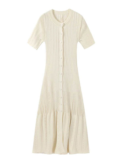 Chic Women’s V-Neck Long Dress - Slim Fit, Patchwork Puff Sleeve - Buy Center US