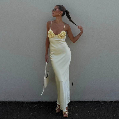Yellow V-Neck Satin Dress - Sleeveless Backless Women’s Party Wear - Buy Center US