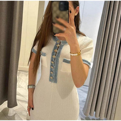Elegant Women's Denim Patchwork Dress - V Neck, Short Sleeves, Pockets - Buy Center US