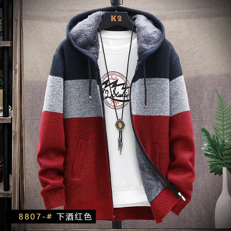 SNOW PINNACLE Men's Thick Velvet Cardigan: Patchwork Zipper Sweatercoat - Buy Center US
