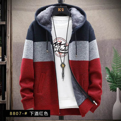 SNOW PINNACLE Men's Thick Velvet Cardigan: Patchwork Zipper Sweatercoat - Buy Center US
