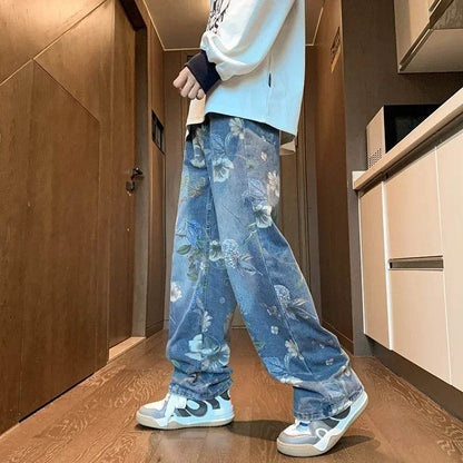 Y2K Vintage Floral Printed Jeans for Men - Baggy Wide-Leg Streetwear - Buy Center US